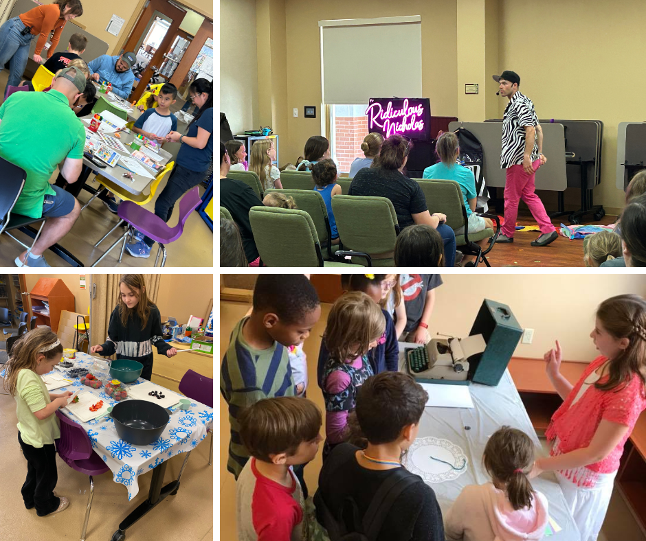 Collage of kids programs with readers, crafts, and performers